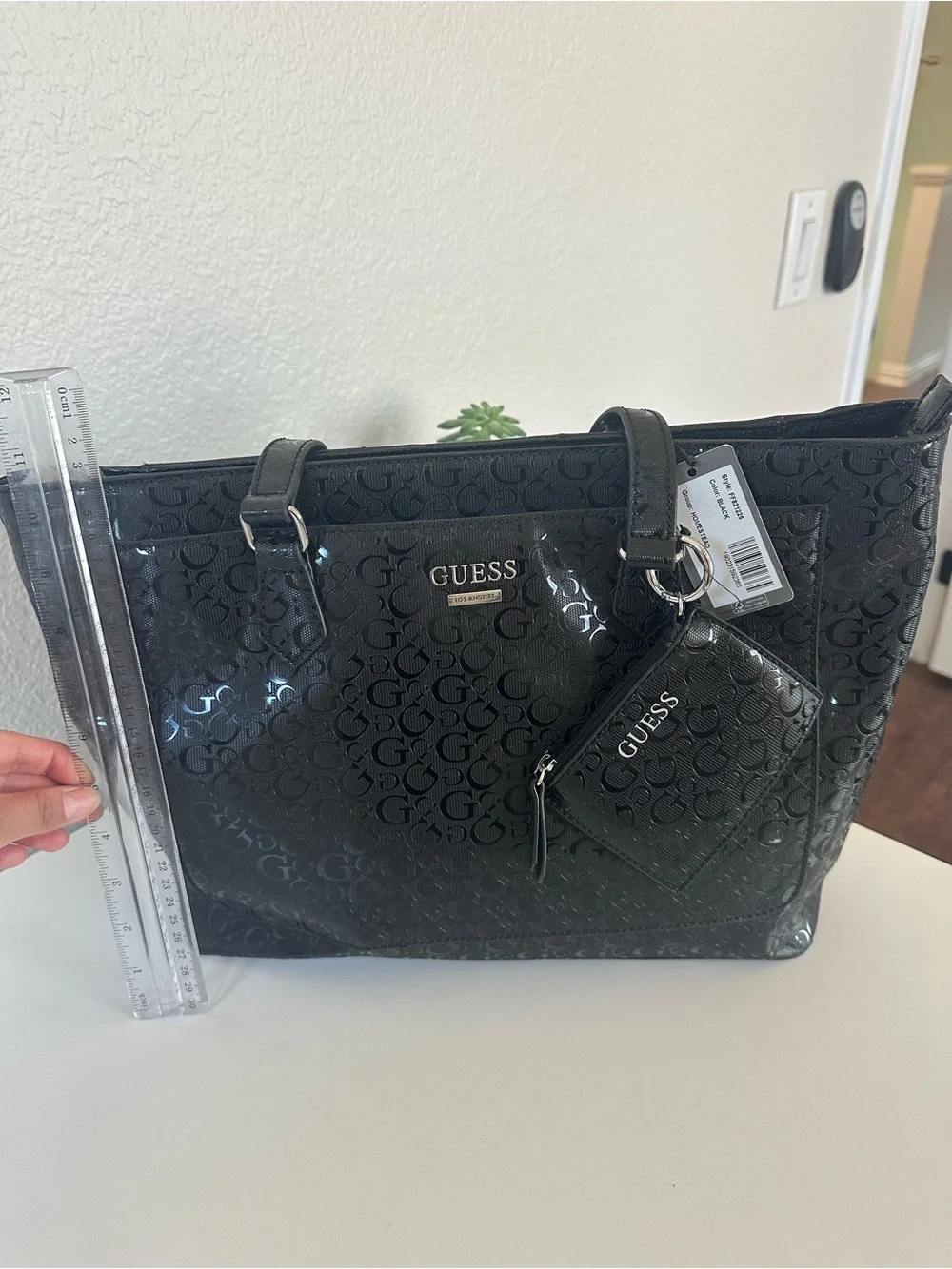 GUESS Black Patent Logo Tote with Removable Coin Pouch